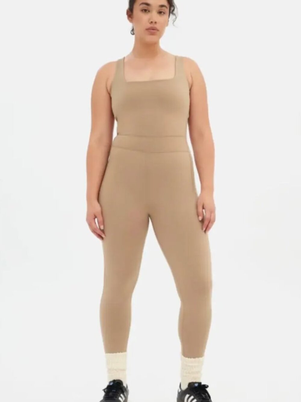 NWT Sz M Girlfriend Collective Luxe Paneled Unitard in Warm Sand Tan Beige